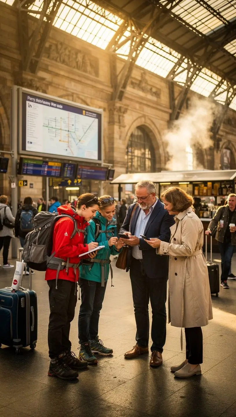 Ein Stadtzentrum mit Fußgängern, Radfahrern und öffentlichen Verkehrsmitteln in Bewegung.